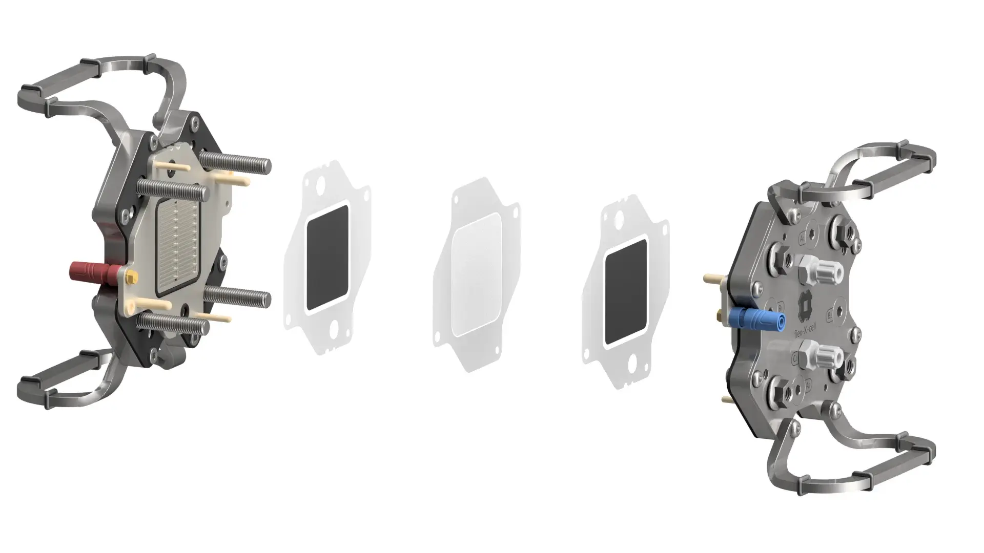 flex-X-cell shown in exploded view, with its internal layers separated between the end plates.